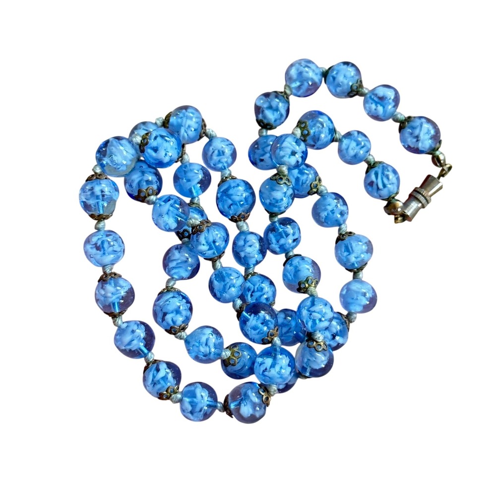 Flapper Art Deco Glass Blue Filigree Necklace VTG Venetian Murano Beaded 21"